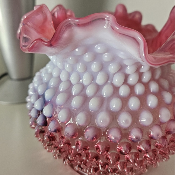 Fenton Cranberry Opalescent Hobnail Double Crimped Vase - Picture 3 of 8